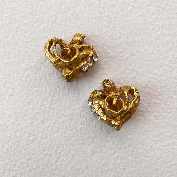 Vintage Christian Lacroix Heart Shaped Postmodern Gold Jeweled Cli On Earrings - Picture 9 of 9